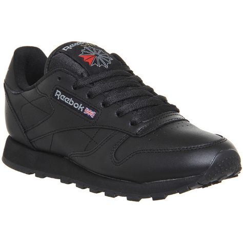 Reebok Classic Leather Trainers (w) ($78) ❤ liked on Polyvore featuring shoes, sneakers, black leather, hers trainers, trainers, black shoes, reebok sneakers, black leather sneakers, reebok and lightweight sneakers Reebok Classic Leather Sneakers, Nike Md Runner 2, Basket Vans, Tenis Vans, Reebok Classic Leather, Reebok Classics, Vans Logo, Air Max Thea, Black Leather Sneakers