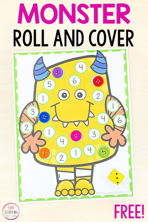 Try this fun monster roll and cover math game for a fun way to learn numbers, counting, subitizing and addition. It's great for silly monster math centers! Monster Math Activities, Roll And Cover, Monster Activities, Alphabet Game, Fun Alphabet, Alphabet Activity, Letter Identification, Free Printable Activities, Monster Theme