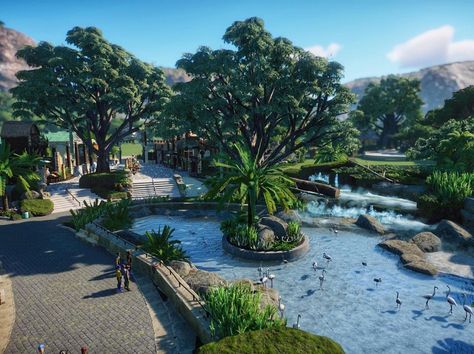 Sdanwolf on Instagram: “Tonight on stream we shifted the shopping area over to line up better with the lagoon & we added the ADA access ramp this go around 🤙…” Planet Zoo Game, Planet Zoo Flamingo Habitat, Planet Zoo Tropical, Zoo Habitat Ideas, Planet Zoo Entrance Ideas, Planet Zoo Layout Ideas, Planet Zoo Habitat, Planet Zoo Habitat Ideas, Flamingo Habitat