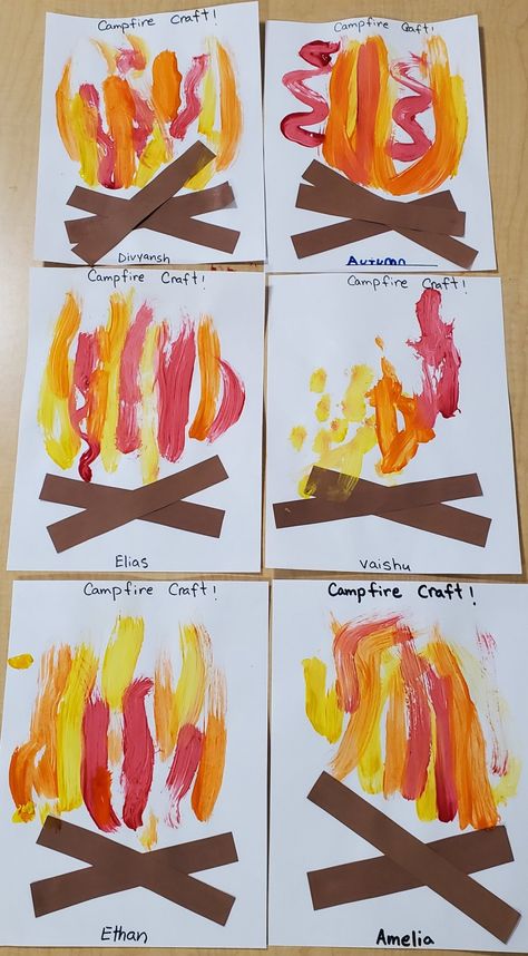 Fire Activity For Preschool, Camp Fire Craft For Preschool, Fire Craft Preschool, September Arts And Crafts Preschool, Station Ideas For Preschool, Campfire Art Preschool, Firetruck Craft For Toddlers, Fire Preschool Crafts, Smores Activities For Preschool