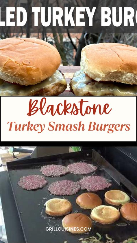 Upgrade your burger game with this irresistible Turkey Smash Burgers recipe! Made with seasoned ground turkey, these burgers are smashed on the griddle for a crispy, caramelized exterior and juicy interior. Perfect for a quick weeknight meal or a weekend BBQ, these healthier burgers are packed with flavor and easy to make. Top them with your favorite ingredients. Try Blackstone Turkey Smash Burgers recipe and satisfy your burger cravings today! Blackstone Ground Turkey Recipes, Ground Turkey Blackstone, Smashed Turkey Burger Recipes, Smashed Turkey Burger, Ground Turkey Smash Burgers, Smash Turkey Burger Recipe, Turkey Smash Burger Recipes, Smash Turkey Burger, Smash Burgers On Griddle