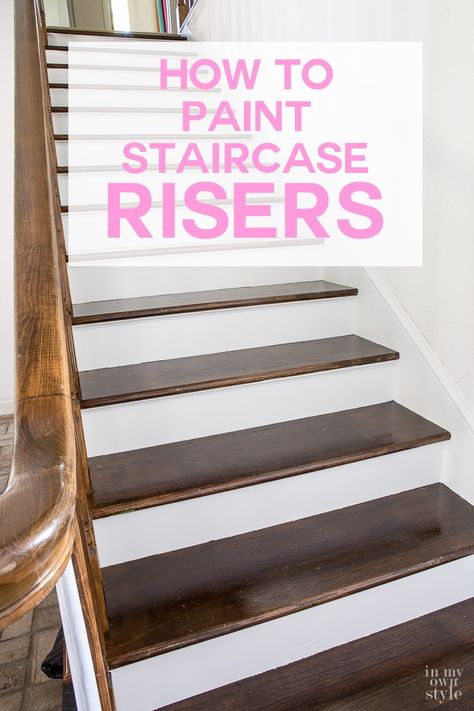 Home improvement project on a budget. How to paint a staircase. Painted Stairs Makeover, Painted Stair Risers, Foyer Makeover, Easy Home Improvement Projects, Painted Staircases, Foyer Staircase, Hardwood Stairs, Diy Staircase, Stairs Makeover