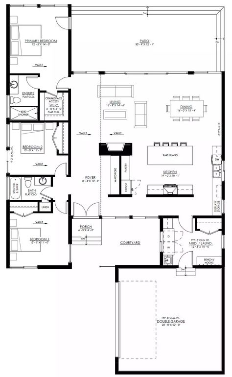 Sooke 1 Story Contemporary Style House Plan 9162 - 9162 Open Floor Plan Modern House, New Build Plans, Flooring Plan Ideas, Mid Century House Floor Plans, Contemporary House Layout, Small 3 Bedroom Floor Plans, Mid Century Modern House Plans Small, Modern Ranch Floor Plans, House Plan One Floor