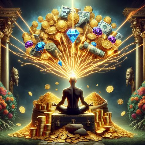 Immerse in the vision of golden abundance with our wealth manifestation image featuring a tranquil person meditating, attracting overflowing wealth of gold, gems, and diverse currencies amidst a lush garden. #WealthManifestation #LawOfAttraction #Abundance #Prosperity #MindfulMeditation #PositiveVibes. Learn more about manifesting wealth here: {link}. Feng Shui Wallpaper, God And Money, Person Meditating, Abundance Images, Nature Symbols, Prosperity Spell, Hanuman Ji Wallpapers, Wealth Manifestation, Power Of Positive Thinking