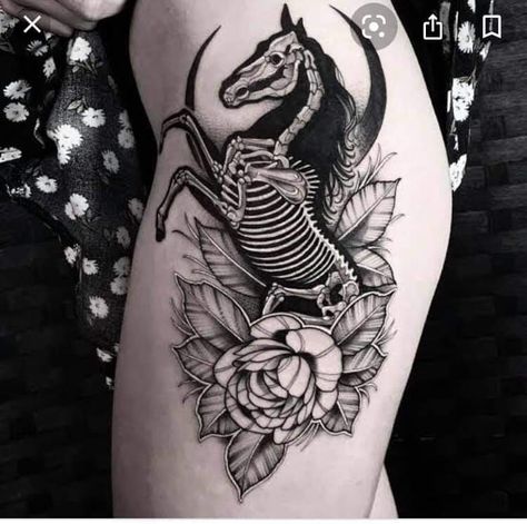 Horse Skeleton Painting, Horse Skull Tattoo, Animal Skeleton Tattoo, Skull And Snake Tattoo, Animal Tattoo Meanings, Witchcraft Tattoos, Anatomy Tattoo, Cute Thigh Tattoos, Skull And Snake