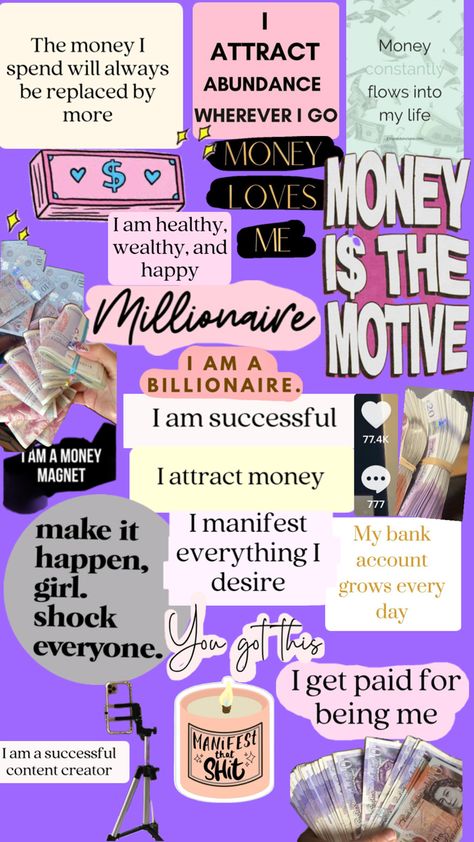 Manifest money, Financial freedom, positive relationship with money 💵 millionaire 🤩 Positive Manifestation Wallpaper, Manifesting Money Affirmations, Vision Board Success, Creative Vision Boards, Vision Board Collage, Positive Relationship, Manifesting Vision Board, Relationship With Money, Vision Board Examples