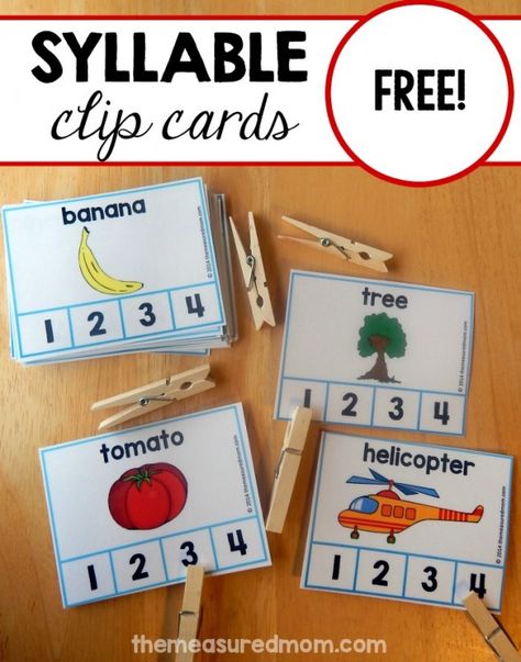 Practice syllable counting with these free syllable cards!  Count the chunks in 1,2,3, and 4 syllable words. Syllables Activities, The Measured Mom, Measured Mom, Literacy Centers Kindergarten, Phonemic Awareness Activities, Kindergarten Language Arts, Kindergarten Ela, Kindergarten Centers, Preschool Literacy