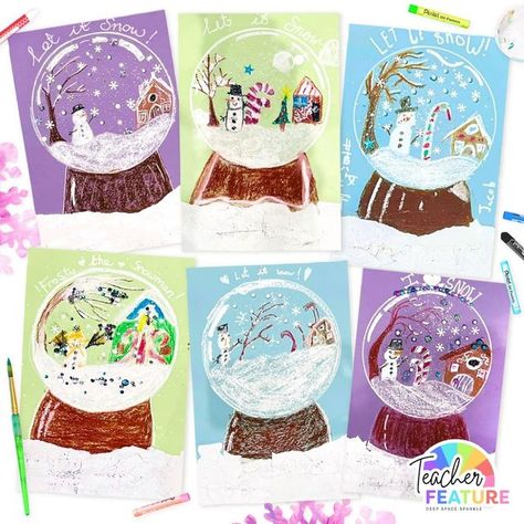 Snow Globes Painting, Winter Value Art Projects, Winter Art Projects 3rd Grade, Christmas Art For 4th Grade, Snowglobe Art For Kids, Snowglobe Art Project For Kids, Snow Globe Art Lesson, Winter Art Projects For Elementary, Snow Globe Art Projects For Kids