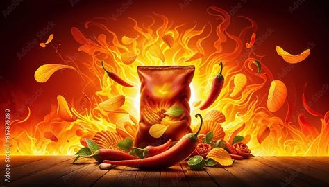 Download Advertisement Featuring Spicy Potato Chips with Chili Peppers and Fiery Background. Spicy Potato Chips with Chili Peppers Ad on Fiery Orange Background.  Stock Illustration and explore similar illustrations at Adobe Stock. Chips Ads, Spicy Background, Fiery Background, Spicy Candy, Product Ads, Stock Design, Chili Peppers, Orange Background, Chili Pepper