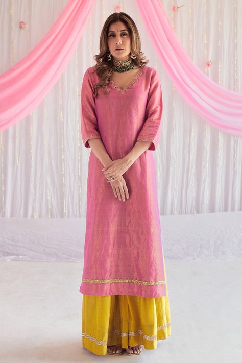 Tissue Sharara, Kurti Models, Kurta Ideas, Kurta And Sharara Set, Kurta And Sharara, Pink Kurta, Punjabi Outfits, Marigold Yellow, Simple Kurti Designs