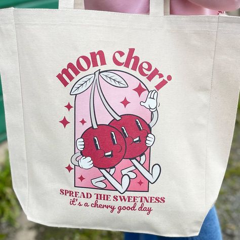 Tote Design Ideas, Tote Bag Print Design, Shopper Bag Design, Cherry Tote Bag, Tote Bag Design Ideas, Kawaii Tote Bag, Cherry Illustration, Cherry Art, Retro Cherry