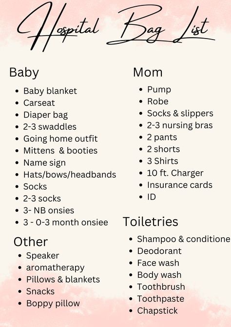 Hospital bag checklist to help prepare you for your baby's arrival! Birthing Bag Checklist, Checklist For Baby Arrival, Hospital Toiletries Bag, Hospital Birth Bag, Second Time Mom Hospital Bag, Pregnancy Nesting Checklist, Diaper Bag Hospital Checklist, Preparing For Baby Checklist, Baby’s Hospital Bag