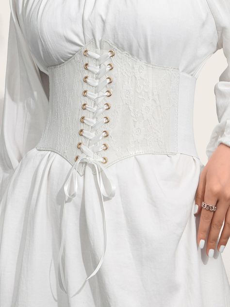 White Casual   PVC  Corset Belt Embellished   Women Accessories Lace Corset Belt, Underbust Corset Outfit, Cinto Corset, Corset Belt Outfit, White Lace Corset, Under Bust Corset, Crochet Maxi Skirt, Corset Outfit, White Corset