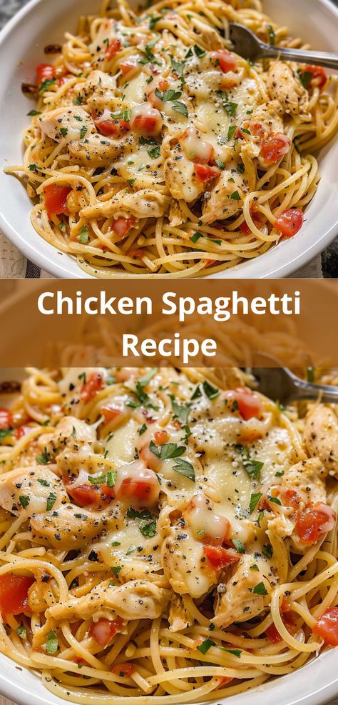 Enjoy homemade flavors with this simple Chicken Spaghetti Casserole recipe! Ez Chicken Recipes Dinners, Chicken And Spaghetti Casserole, Chicken Spaghetti With Vegetables, Shredded Chicken Spaghetti Recipes, Easy Dinner Recipes Chicken Spaghetti, Chicken Spaghetti Recipe Healthy, Easy Summer Chicken Recipes Dinners, Summer Spaghetti Recipe, Chicken Recipes With Spaghetti Noodles