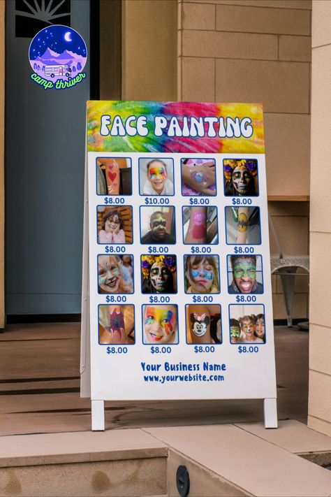 Face painting menu board for your face painting business. Use this editable template to create a price list for your customers to use during events. Upload and easily snap your own photos into the provided frames. Then, print from home or on your favorite printing website like Vistaprint, UPrinting, Office Depot, or Staples. Face Paint Price Board, Face Painting Price List, Face Painting Prices, Face Painting Business Names, Face Painting Chart, Face Paint Menu Board, Face Painting Signs Ideas, Face Painting Set Up, Face Painting Poster