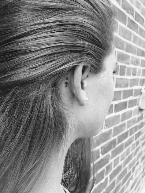 Semicolon tattoo. Behind the ear. #SemicolonProject Tattoo Behind The Ear, Colon Tattoo, Semicolon Project, Semi Colon, Becoming A Tattoo Artist, Health Tattoo, Semicolon Tattoo, Small Tattoo Designs, The Ear