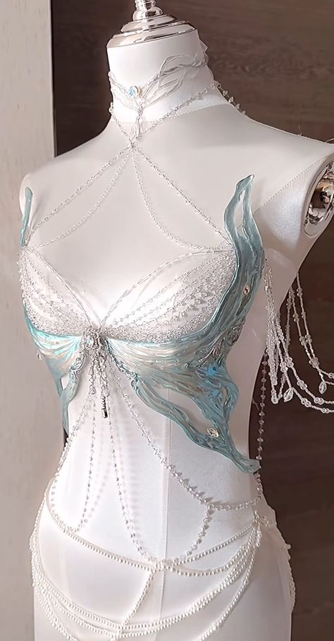 Blue Siren Outfit, Ocean Goddess Dress, Water Goddess Outfit, Sea Theme Outfit, Sea Witch Aesthetic Outfit, Water Themed Outfits, Siren Corset, Blue Mermaid Aesthetic, Siren Clothes