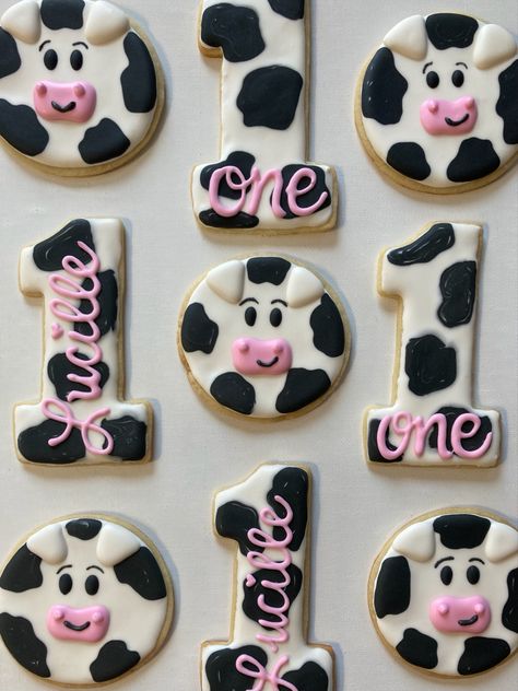 Cow Theme Cookies First Birthday, Cow 1st Birthday Cookies, Cow Theme Birthday Cookies, Moo Moo I’m Two Cookies, Cow First Birthday Cookies, Moo Moo Im Two Cookies, Cow Cookies Decorated 1st Birthday, Cow Print Birthday Cookies, Cow One Year Birthday