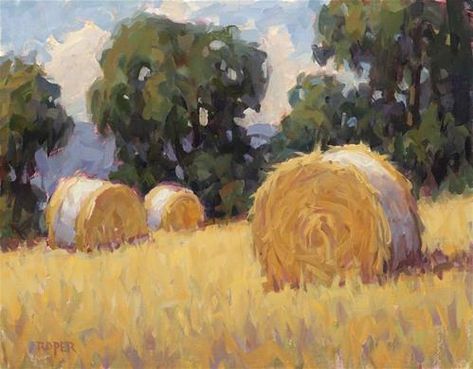 Hay Bale Painting, Farm Paintings, Summer Harvest, Country Paintings, Hay Bales, American Painting, Watercolor Landscape Paintings, Autumn Painting, Paintings I Love