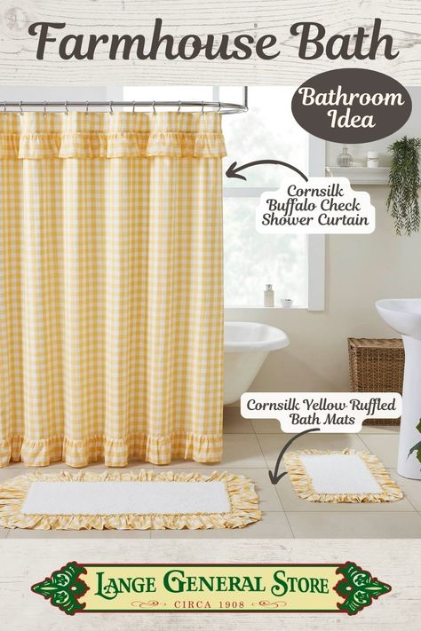 Add relaxed, cozy farmhouse charm to your washroom with our Cornsilk Yellow Buffalo Check Ruffled Shower Curtain. Classic buffalo check in consilk yellow & soft white grace this curtain and it has a delicate ruffle at the top and bottom for a touch of elegance. Get the matching ruffled bath mats and valance! #cottagestyle #farmhousedecor #farmhousestyle #coastalfarmhouse #countrybathroom #bathroomdecor #bathroomremodel #farmhousebathroom #coastalbathroom #yellowbathroom #yellowandwhite Cornsilk Yellow, Buffalo Check Shower Curtain, Ruffled Shower Curtain, Curtain Classic, Ruffle Shower Curtains, Farmhouse Shower Curtain, Square Bath, Farmhouse Shower, Vhc Brands