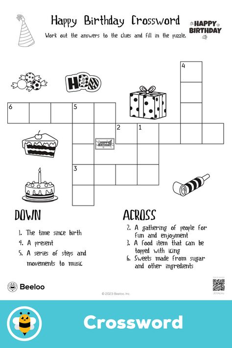 Advanced birthday-themed crossword puzzle for kids ages 7 and up Cross Words Puzzle For Kids, Birthday Crossword Puzzle, Birthday Crossword, Grammar Activities Worksheets, Word Puzzles For Kids, Happy Birthday Theme, Happy Birthday Cards Printable, Crafts And Activities For Kids, Birthday Freebies