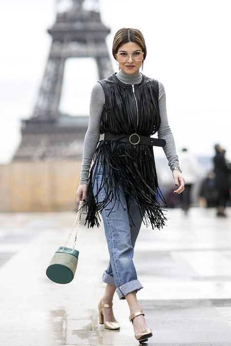 High-End Street Style Shines at Haute Couture Fashion Week in Paris - Fasion translated to the streets .Personal style and self confidence go hand in hand. #streetstyle #personalstyle #streetstyleparis #streetstylechic #streetstylenewyork #streetstylecasual #streetstylesimple Fringe Vest Outfit, Fringed Vest Outfit, Denim Street Style, Vest Outfit, Fashion Week 2016, Fringe Vest, Street Style Paris, Haute Couture Fashion, Street Style Chic