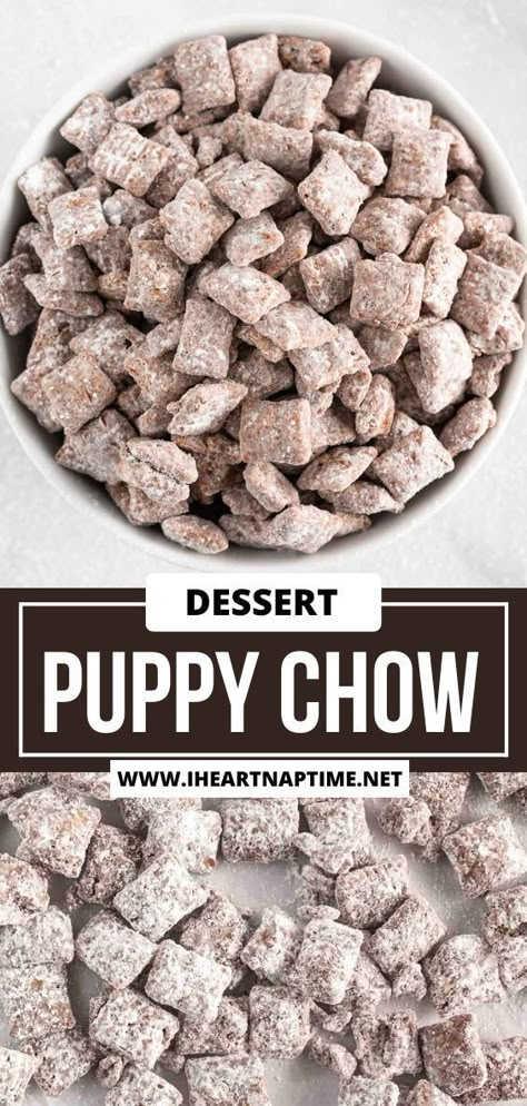 Chocolate and peanut butter coated cereal dusted in powdered sugar make this puppy chow recipe irresistible. This snack is perfect for a last minute dessert! Chex Mix Recipes Christmas, Sweet Chex Mix, Sweet Chex, Puppy Chow Recipe, Puppy Chow Chex Mix Recipe, Chex Mix Puppy Chow, Chow Recipe, Chocolate Cereal, Puppy Chow Recipes