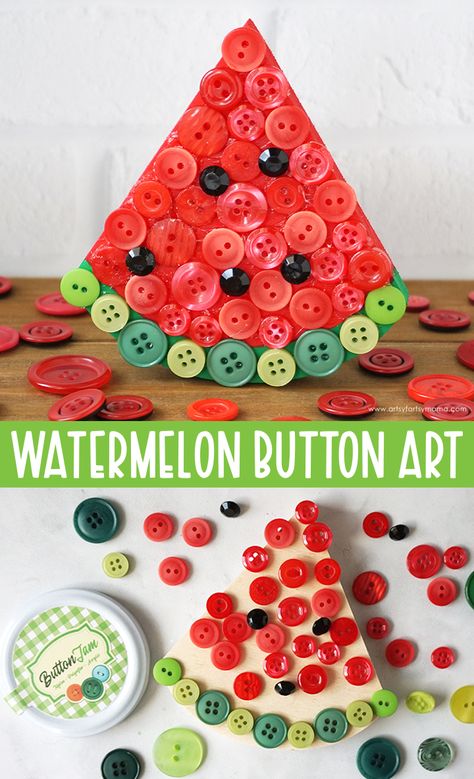 Watermelon Button Art | artsy-fartsy mama August Kids Crafts, June Activities, June Crafts, Watermelon Crafts, August Crafts, Charm Party, Watermelon Art, Rainy Day Crafts, Quick Crafts