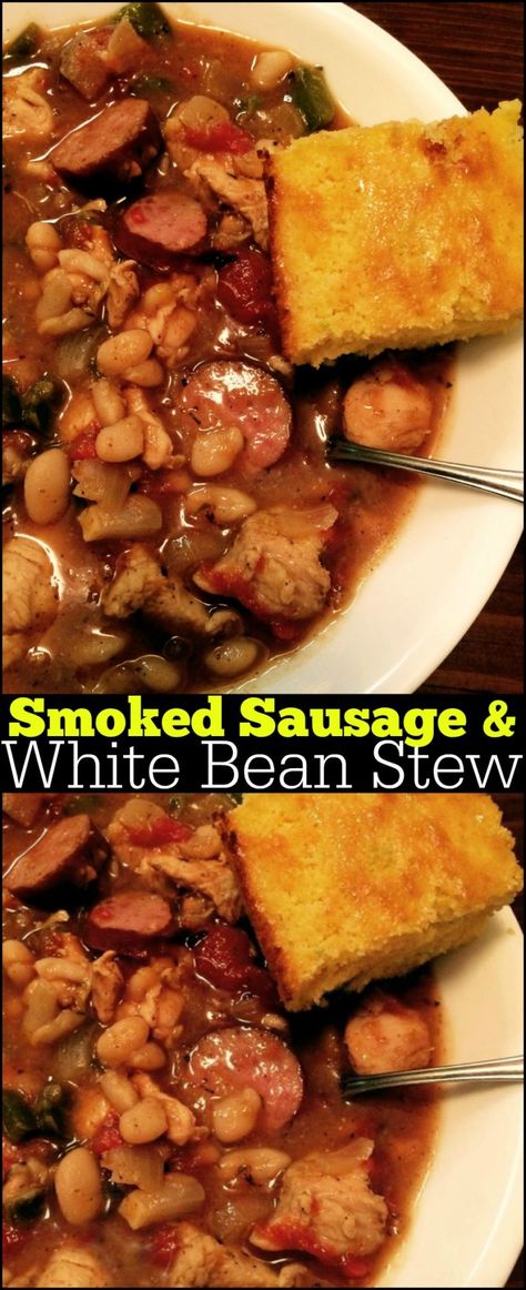 Sweet Jalapeno Cornbread, White Beans And Sausage, Conecuh Sausage, Sausage White Bean, White Bean Stew, Sausage Crockpot, Smoked Sausage Recipes, Sausage Stew, Sausage Dishes