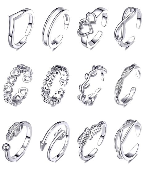 PRICES MAY VARY. 🍍Adjustable Toe Rings Set💍 💍You will get 12pcs different style toe rings in one order. Arrow toe ring, flower toe ring, wave ring, simple band ring, feather toe ring and leaf toe ring included. Unique design, never go out of style, perfect to wear it on the beach, party and wear as daily Jewelry. Also you can share these with your closer friends. 🍍🍍Quality Material🍓🍓The toe rings set is made of high quality copper. Great oxidize,vintage silver plated; shiny surface with p Flower Arrow, Simple Ring Design, Ring Sketch, Beach Foot Jewelry, Art Jewelry Design, Jewellery Design Sketches, Jewelry Illustration, Jewelry Design Drawing, Jewelry Set Design