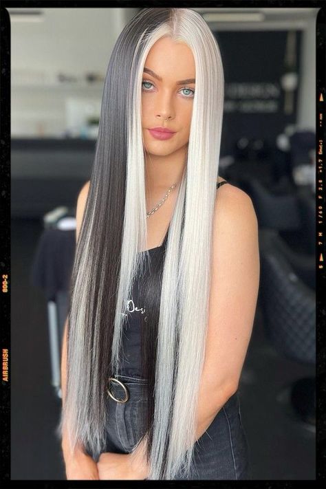 Black And Blonde Hair Straight, White And Black Hair Color, Half Silver Half Black Hair, Black White Hair Color, Half Platinum Half Black Hair, Black And White Hair Ideas, Black And White Dyed Hair, Platinum Blonde Hair With Black Streaks, Long Black And White Hair