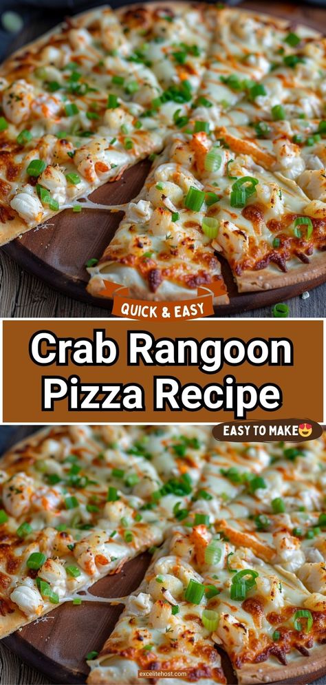 This homemade Crab Rangoon Pizza has all of the characteristics of the Chinese takeout classic but in pizza form.  With a creamy sauce, plenty of crab meat, crispy wonton strips and a sweet & spicy sauce, it’s truly a crab rangoon lover’s dream! Chinese Pizza Recipe, Crab Rangoon Pizza Recipe, Chinese Pizza, Crab Rangoon Pizza, Crab Rangoon Filling, Homemade Crab Rangoon, Sweet Spicy Sauce, Crab Rangoon Recipe, Meat Pizza