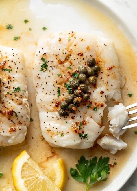 Brown Butter Cod with Capers Cod With Capers, Butter Cod, Capers Recipe, Brown Butter Sauce, Lemon Wedge, Pickle Relish, Brown Butter, Paleo Gluten Free, Fish Recipes