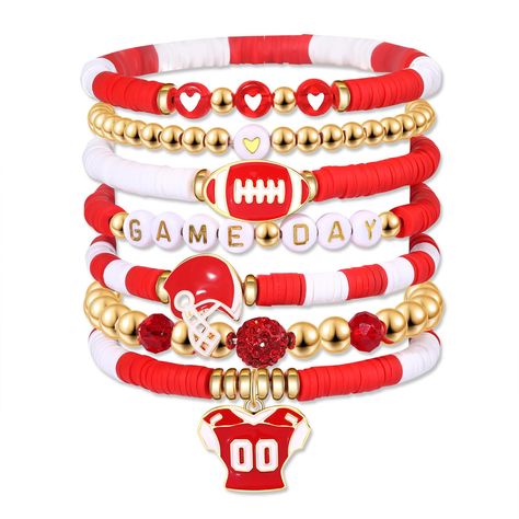 PRICES MAY VARY. ღ Game Day Bracelet: Finish off your game day outfits with our heishi bracelet set. Make a statement and celebrate your team's kickoff in style with these clay beaded stretch bracelet in your team colors, features football team colored disc clay beads, massage ‘GAME DAY’ and football charms, helmet charms and jersey charms strung on elastic bands. The perfect football accessories for sororities, college football games, high school or youth football games, and youth or high schoo Team Mom Football Gifts, Holiday Bracelet, Football Jewelry, Heishi Bracelets, Outfits Jewelry, Bracelets Red, Football Bracelet, Heishi Bracelet, Football Accessories