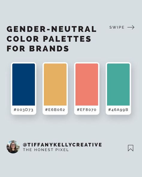 Gender-Neutral #ColorPalette for Brands by Tiffany Kelly from The Honest Pixel. Inspiration for graphic designers, interior designers, muralists, illustrators, branding and fashion. The Honest Pixel's #graphicdesign, apparel design, spatial branding and #branding work is color-confident and takes risks, with a clean yet detailed style. We are a creative studio in Orlando, FL specializing in logo design and spatial branding (graphic design for interior and exterior spaces). Gender Neutral Graphic Design, Interior Color Palette 2024, Healthcare Brand Color Palette, Gender Neutral Colour Palette, Friendly Color Palette Branding, Yellow Brand Color Palette, Gender Neutral Branding, Gender Neutral Color Palette, Tech Logo Color Palette