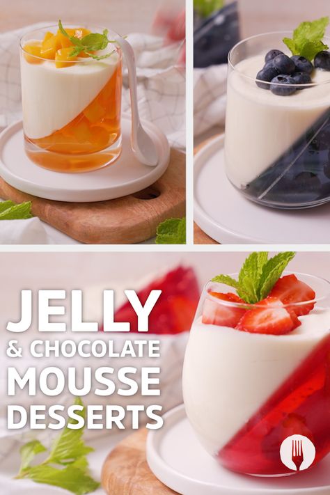 These Jelly & Chocolate Mousse Cups make a refreshing summer dessert 💥🙌🌞 Jello Deserts Ideas, Jelly In Cup, Jelly Cup Ideas, Mini Mousse Desserts, Raspberry Mousse Cups, Gourmet Party Food, Desserts In Cups, Christmas Tree Cheesecake, Finger Buffet