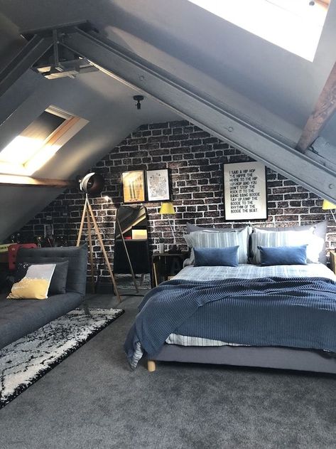 Revamp Restyle reveal, teenage boys bedroom makeover Teenager Bedroom Boy, Teenage Boy Room, Boys Bedroom Makeover, Interior Design Minimalist, Boy Bedroom Design, Attic Bedrooms, Teen Boy Bedroom, Loft Room, Attic Bedroom