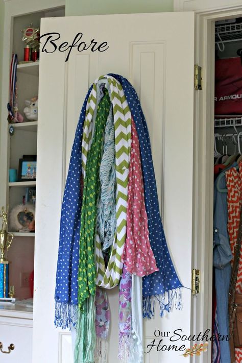 Thrift+Store+Scarf+Organizer Winter Scarf Storage, Diy Scarf Hanger, How To Store Scarves, Scarf Organizer, Scarf Display, Hanging Scarves, Scarf Storage, Ikea Mirror, Scarf Organization