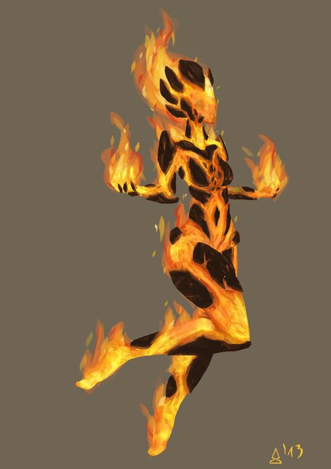 Fire Mythical Creatures, Cute Fire Elemental, Fire Creatures Mythical, Fire Monster Art, Fire Elemental Character Design, Humanoid Mythical Creatures, Fire Golem, Fire Character Design, Wind Elemental