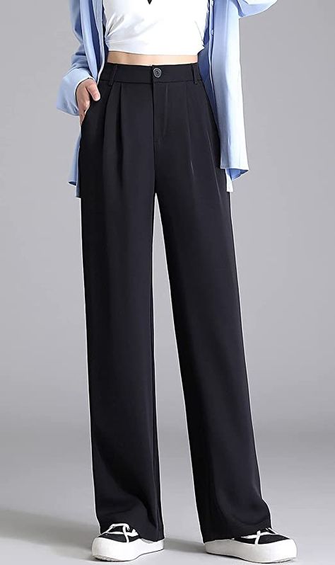 Design: Bring some style into the workplace with these Womens Wide Leg Trousers. There are 2 styles to choose from plain or pinstripe for that ultimate sophisticated appearance. Cut from a slightly stretchy loose material, the formal pants flatter all shapes while the relaxed roomy leg allows maximum comfort. The full length trousers have an inside leg of 32" (81cms), complimenting your legs! 78% Polyester, 18% Viscose, 4% Elastane Machine Wash Fastening: Zipper Medium Loose Fit Wide Legged Formal Pants, Formal Pants Design Women, Baggy Formal Pants, Loose Formal Pants, Wide Leg Formal Pants, Formal Pant Style, Office Trousers Women, Womens Wide Leg Trousers, Formal Pants For Women