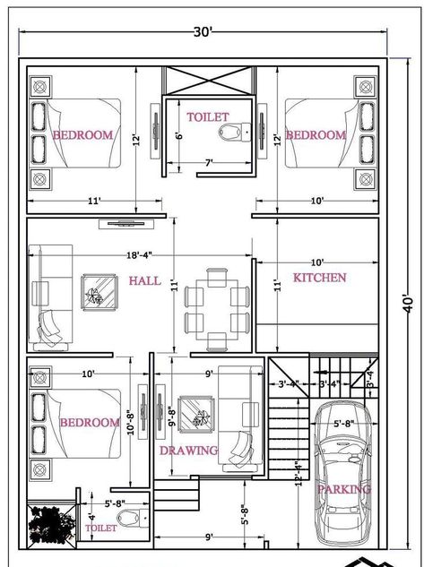 30×30 House Plan, 1200 Sq Ft House Plans, Home Blueprints, 1200 Sq Ft House, 30x40 House Plans, Urban House, Unique House Plans, Little House Plans, Two Story House Plans