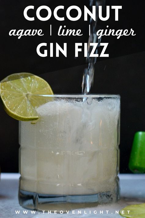 Get ready for your favorite cocktail hour! Refreshing Coconut Gin Fizz made with healthy all-natural ingredients. Delicious spring and summer drink made with ginger, seltzer water, coconut milk and agave. #ginfizz #cocktail #ginger