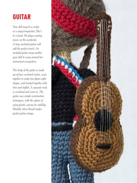 Crochet Guitar Pattern Free, Crochet Music, Crochet Hello Kitty, Minion Pattern, Guitar Patterns, Hello Kitty Crochet, Crochet Doll Tutorial, Confection Au Crochet, Doll Wig