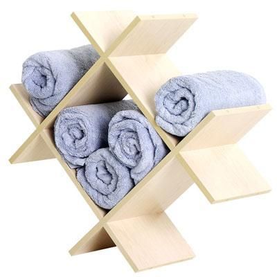 Simple and artistic way to store towels! Salon Towel Storage Ideas, Bathroom Towel Storage Ideas, Towel Storage Ideas, Bath Towel Storage, Bathroom Towel Storage, Elegant Bath, Apartment Storage, Office Storage Furniture, Tool Storage Diy