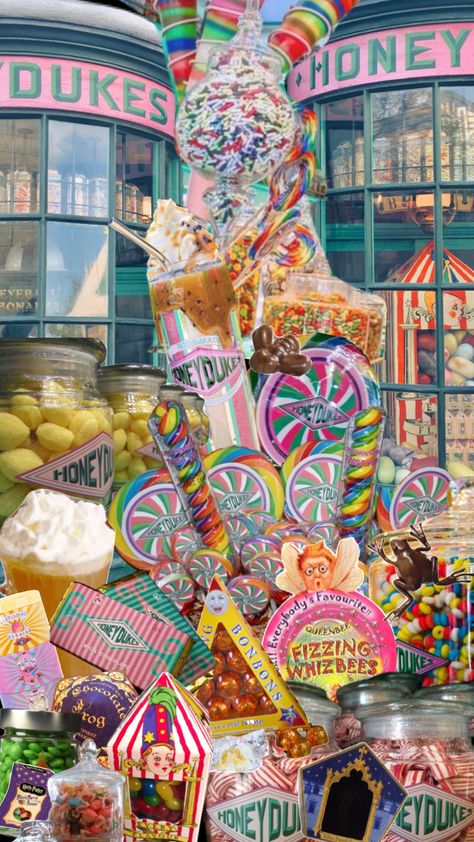 Harry Potter Candies, Honeydukes Wallpaper, Honeydukes Aesthetic, Diy Honeydukes Shop, Honeydukes Trolley, Harry Potter Candy Trolley, Harry Potter Honey Dukes Candy Bar, Harry Potter Honeydukes, Harry Potter Honeydukes Candy Bar