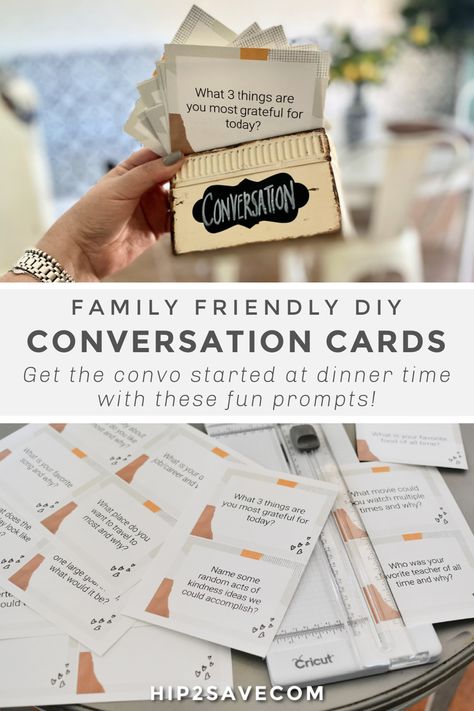 Use our FREE printable conversation starter cards as a fun prompt at the dinner table to spark meaningful family conversations and chatter! #diy #diyprojects #conversationcards #family #familyfun #familyactivities #games #conversationgames #freeprintable #printable Table Discussion Conversation Starters, Family Conversation Starters Printable, Printable Conversation Cards, Conversation Cards For Kids, Thanksgiving Table Activities, Printable Card Games, Dinner Table Games, Conversation Games, Family Conversation Cards