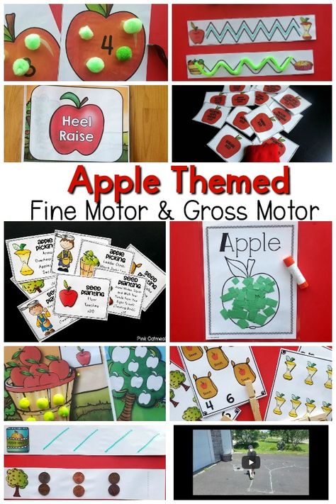 Apple themed fine motor and gross motor planning ideas. Fun activities that incorporate an apple theme into fine motor skills and gross motor skills. These are great for preschool fine motor, preschool gross motor, kindergarten, and therapies. Use these at home! Gross Motor Kindergarten, Gross Motor Apple Activities Preschool, Gross Motor Apple Activities, Apples Fine Motor Activities, Fall Themed Gross Motor Activities, Apple Themed Gross Motor Activities, Preschool Gross Motor, Fine Motor Preschool, Pink Oatmeal