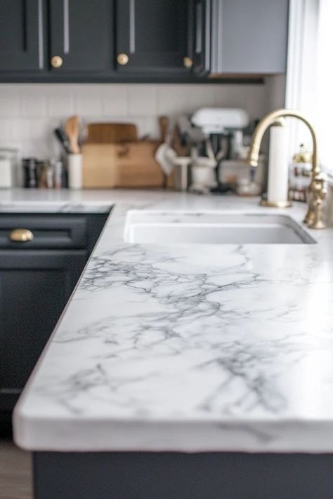 "Elevate your surfaces with DIY Faux Marble Countertops! 🛠️✨ Perfect for a chic and affordable home upgrade. 🌿✨ #DIYHomeDecor #MarbleDesign #DIYCountertops" Small Countertop Ideas, White Marble Countertops Kitchen, Cheap Countertop Ideas, Faux Marble Countertops, White Marble Kitchen Countertops, Diy Faux Marble, Wood Kitchen Counters, Counter Ideas, White Marble Kitchen