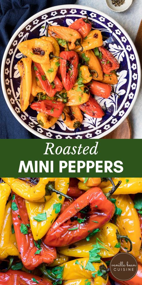 Roasted Mini Peppers are the perfect easy side dish. Colorful, deliciously sweet, and ready in 30 minutes or less! Peppers Side Dish, Roasted Mini Peppers, Vegan Main Course, Mini Peppers, Vegetarian Sides, Stuffed Mini Peppers, Vegan Side Dishes, Easy Side Dish, Best Gluten Free Recipes