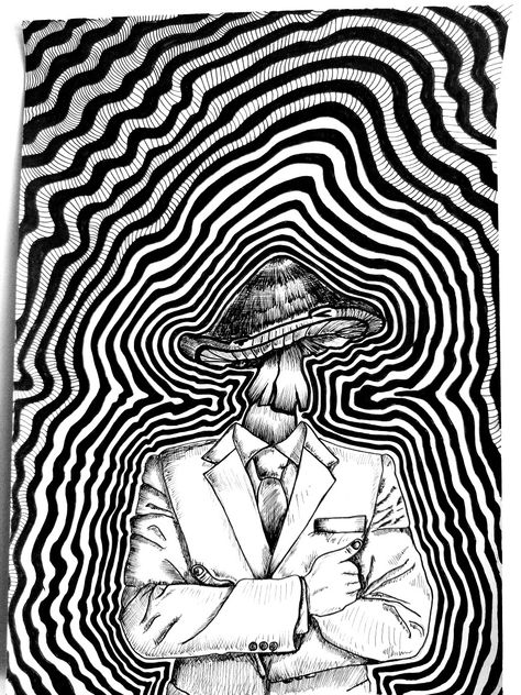 Trippy man in suit with mushroom head ink illustration Man In Suit, Mushroom Head, Senior Project, Ink Illustration, Black And White Background, Mushroom Art, Ink Illustrations, Day 7, Art Inspo